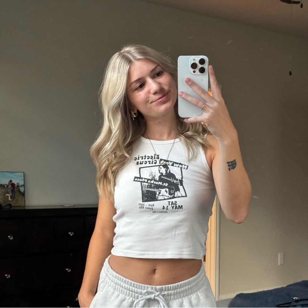 john galt Brandy Melville White Graphic Crop Top